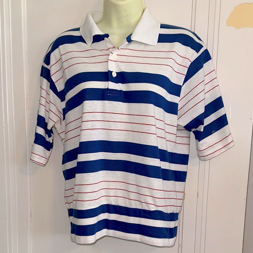 Vintage 70s/80s Hands Off Red, White & Blue Striped Polo Shirt/Ribbed Fitted Hem